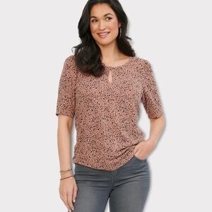 𝅺democracy Elbow Puff Sleeve Keyhole Neck Dotimal Animal Print Top, Cedar, Small